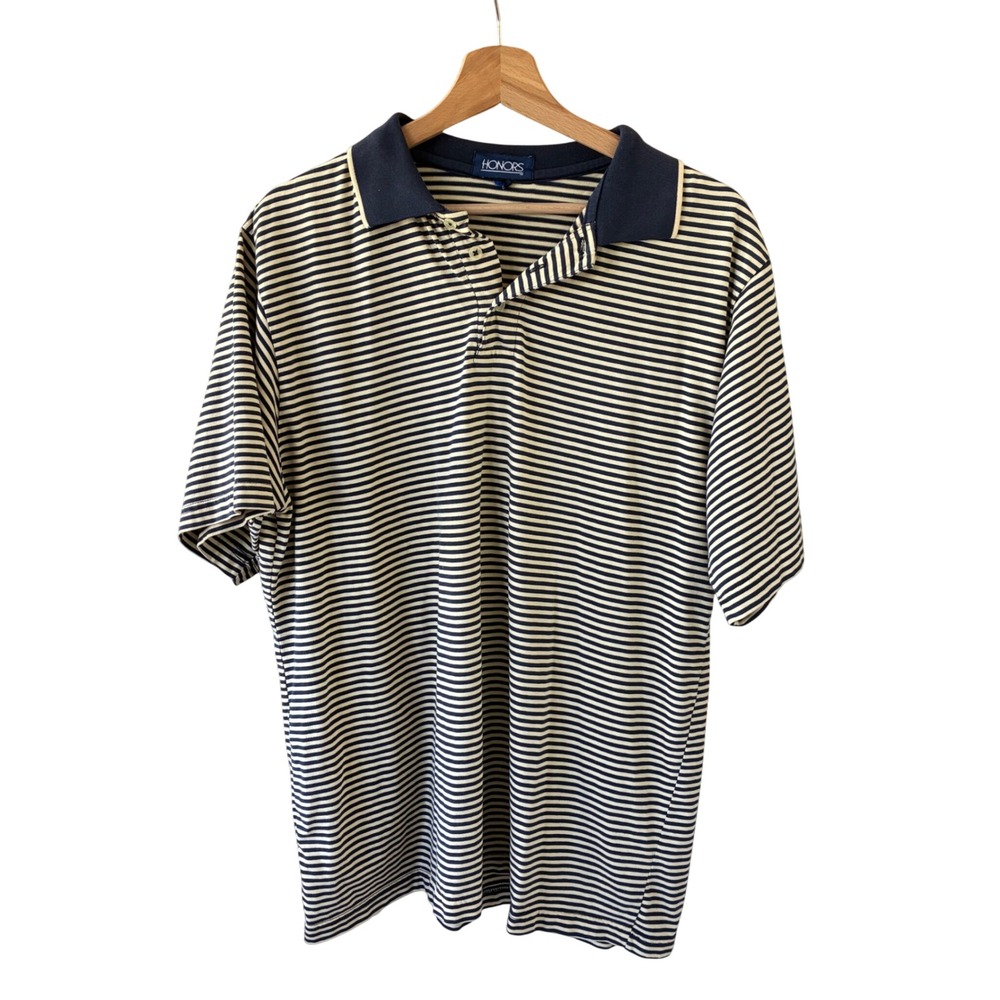 Honors Striped Polo Shirt Mens Large Navy Blue Yellow Vintage Blokecore Academia